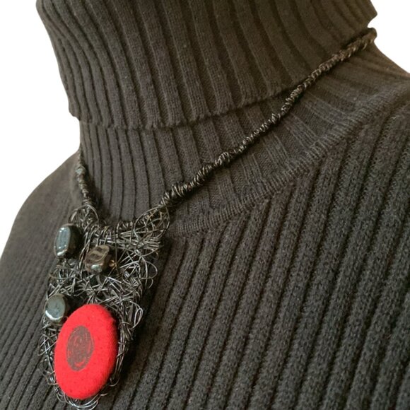 CREATION Black Wire Art Necklace with Red Fabric Accent & Black Beads - Picture 2 of 8